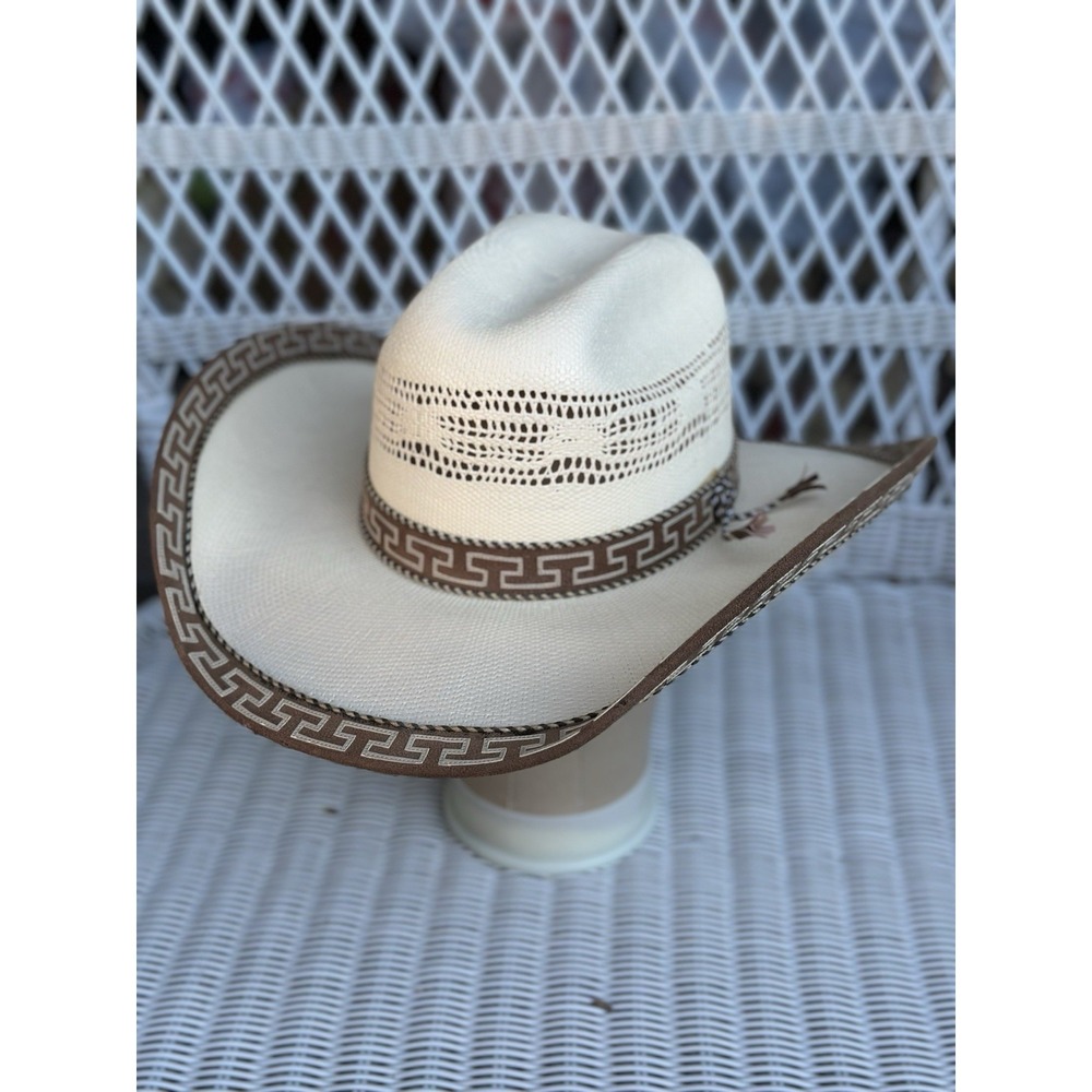 Moksman Hats Straw Cowboy Western Hat Ivory Brown Greek Key Made in Mexico